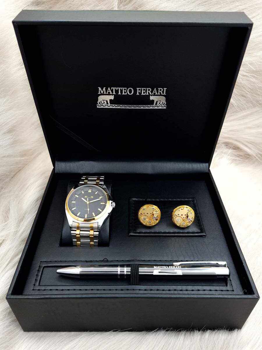 Set cadou pentru barbati Matteo Ferari, ceas, butoni, pix metalic - Cod SETMF1