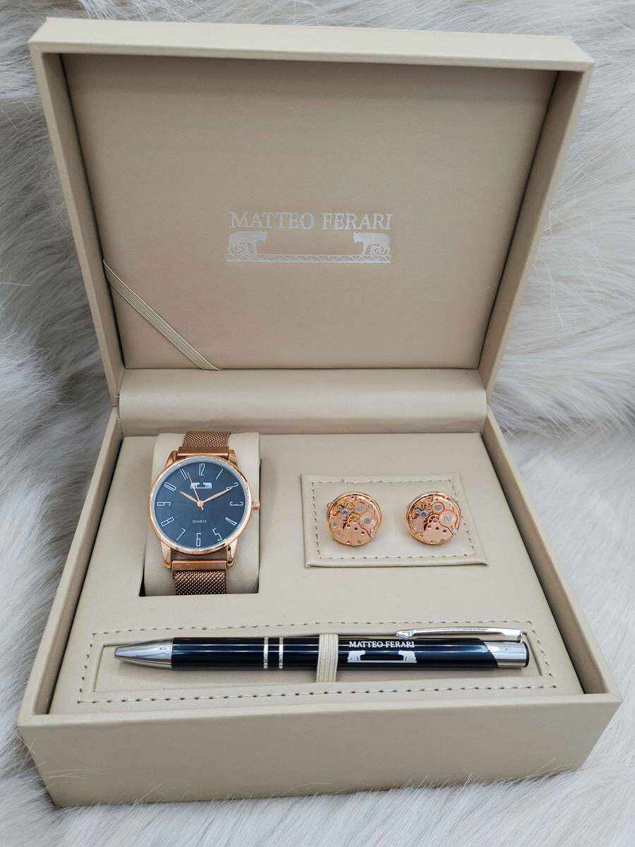 Set cadou pentru barbati Matteo Ferari, ceas, butoni, pix metalic - Cod SETMF11