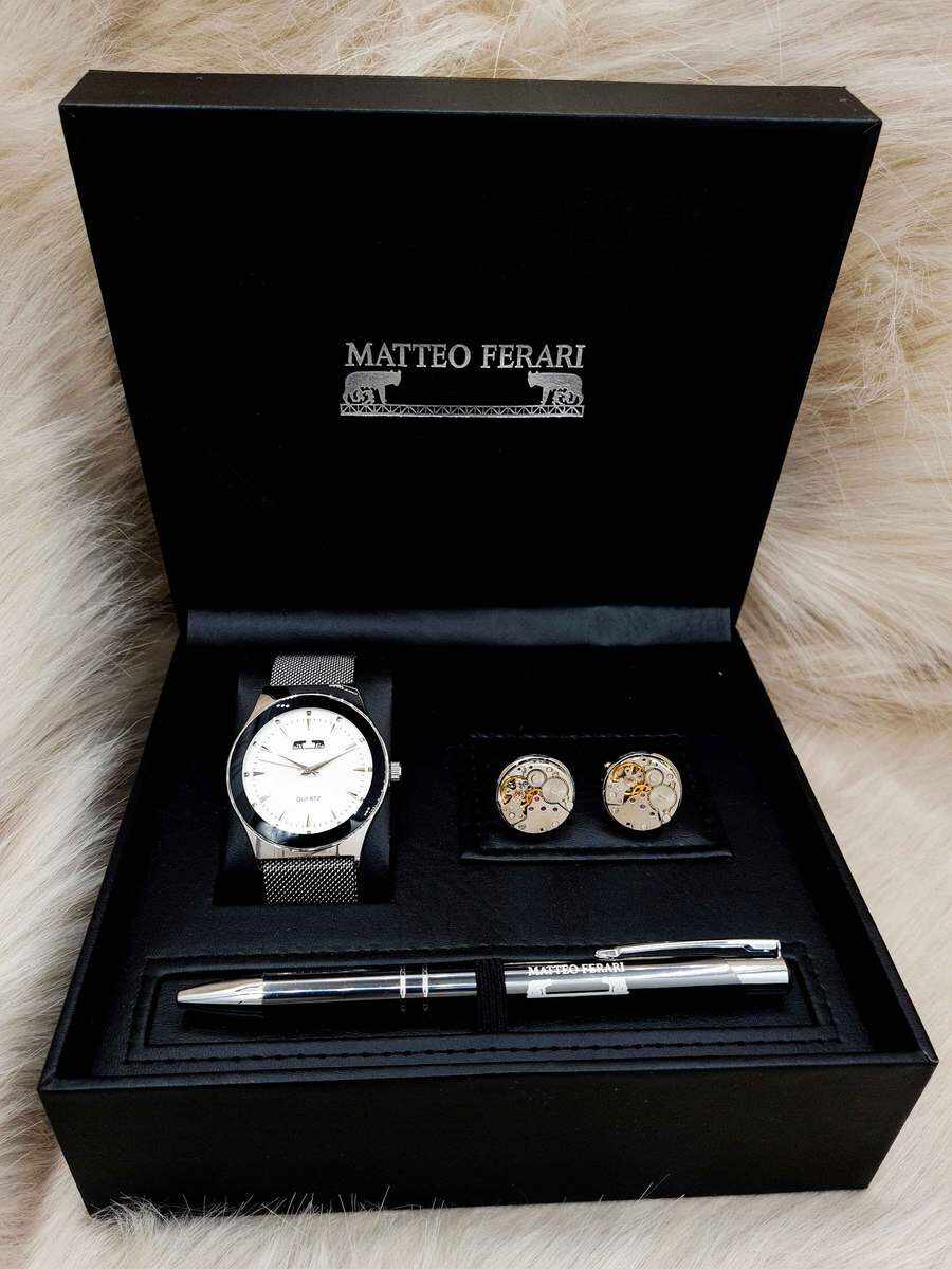 Set cadou pentru barbati Matteo Ferari, ceas, butoni, pix metalic - Cod SETMF14