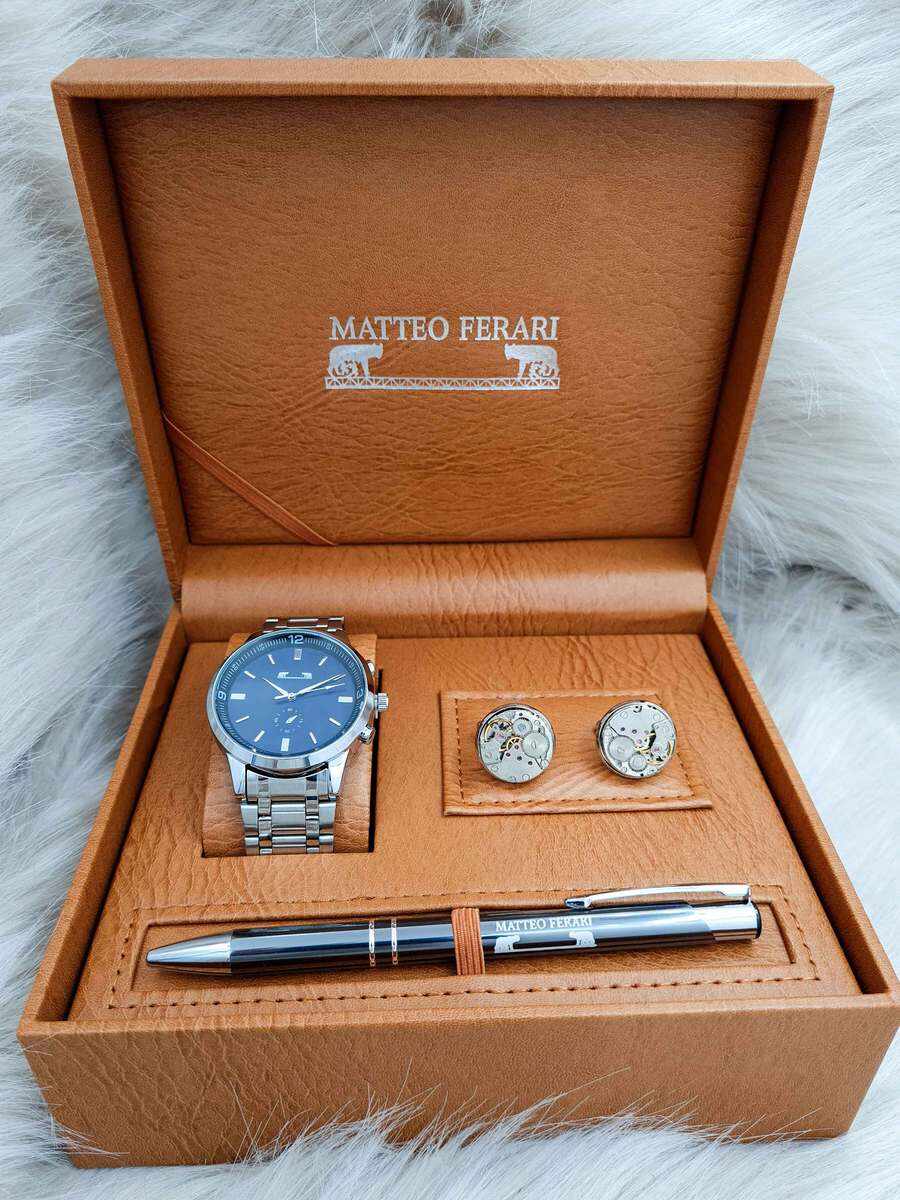 Set cadou pentru barbati Matteo Ferari, ceas, butoni, pix metalic - Cod SETMF15