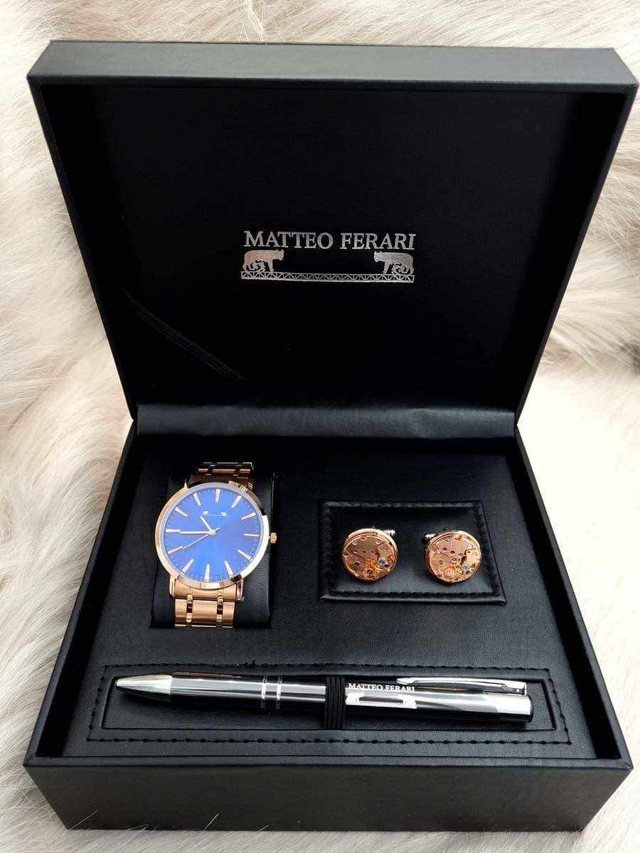 Set cadou pentru barbati Matteo Ferari, ceas, butoni, pix metalic - Cod SETMF3