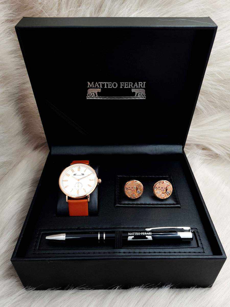 Set cadou pentru barbati Matteo Ferari, ceas, butoni, pix metalic - Cod SETMF6