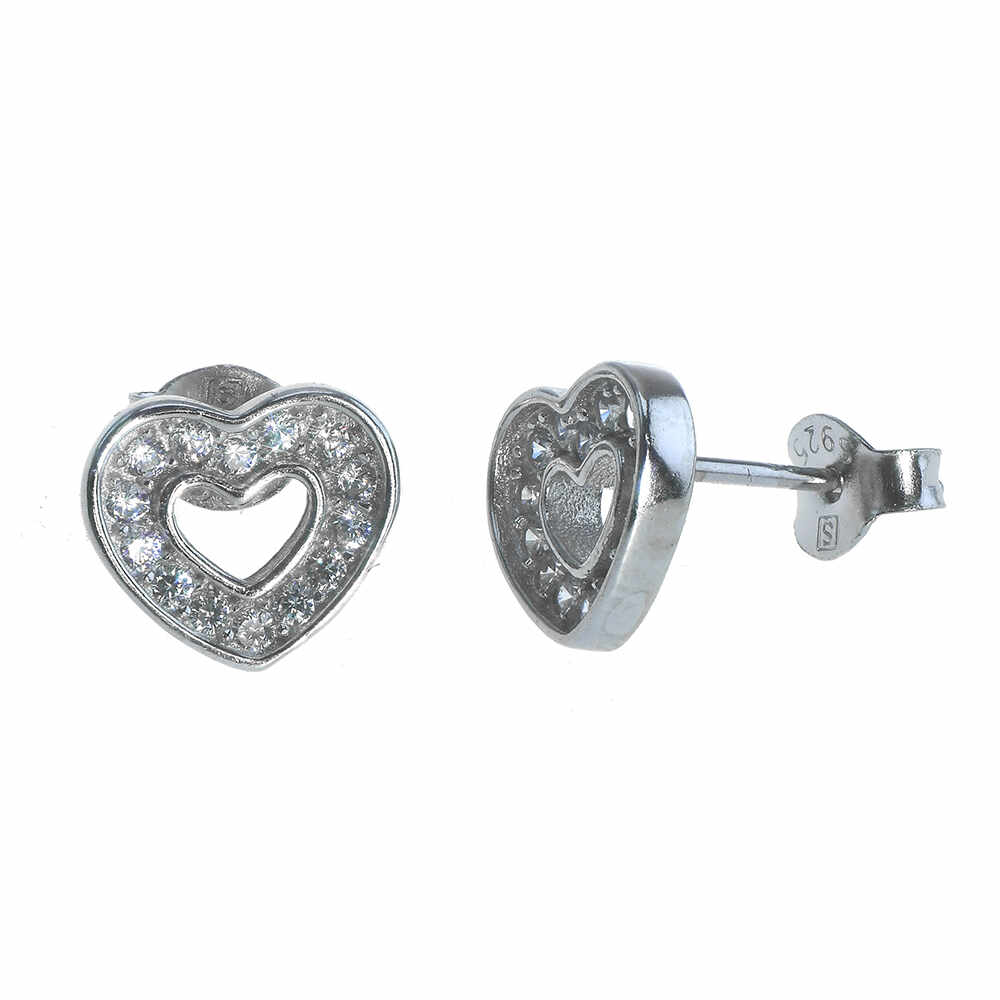 Cercei in forma de inima, din argint 925 si zirconiu alb