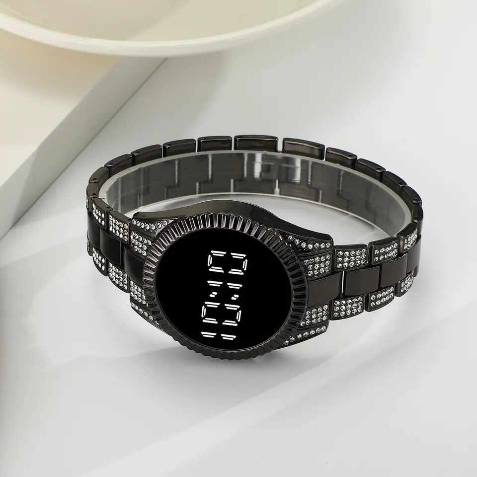 Ceas Dama Luxury LED touch screen curea material inoxidabil neagra cu strasuri CDQZ145
