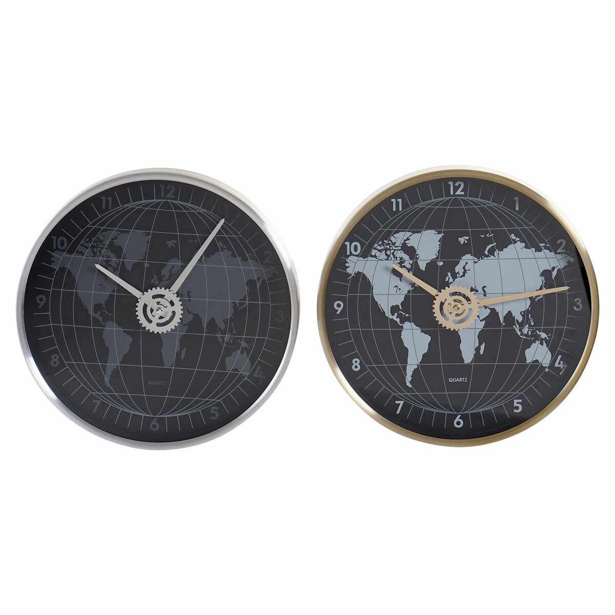 Ceas de Perete DKD Home Decor Negru Aluminiu Geam Auriu* Argintiu Harta Lumii (2 pcs) (30 x 4.3 x 30 cm)