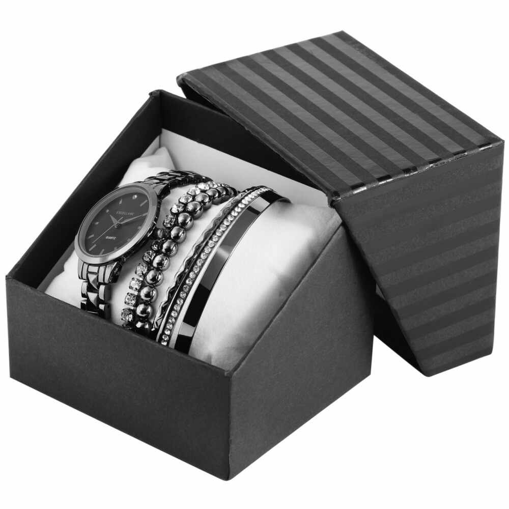 Exellanc present ceas de dama negru cu 5 brățări si cutie cadou